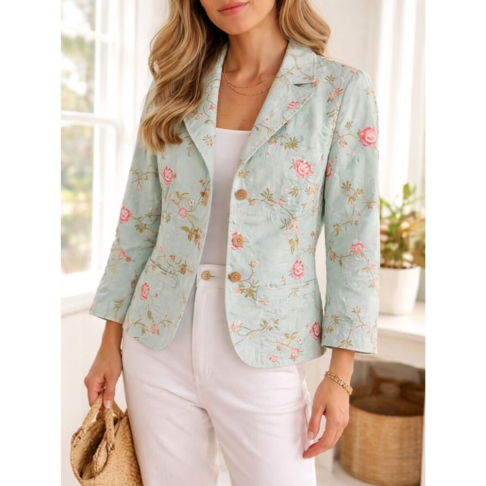 Coldwater Creek Embroidered Floral Blazer Jacket Petite Sz 8 Mint Green Cotton